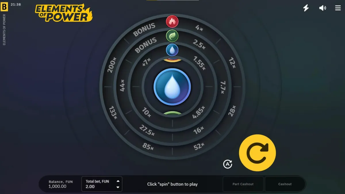 Tampilan antarmuka game slot Elements of Power dengan elemen alam yang bercahaya